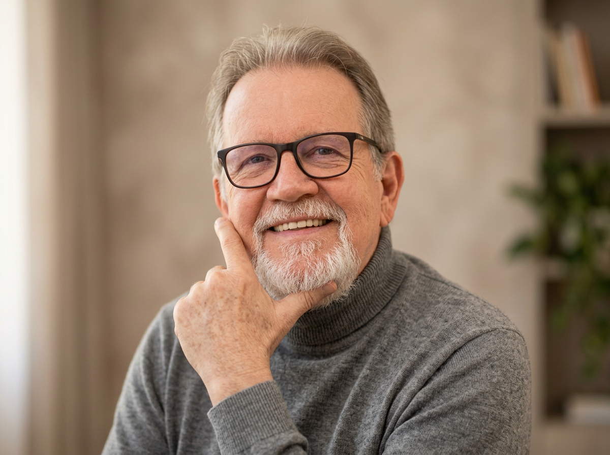 Paulo Bergamaschi, psicólogo, sorrindo com expressão acolhedora, usando óculos e gola cinza