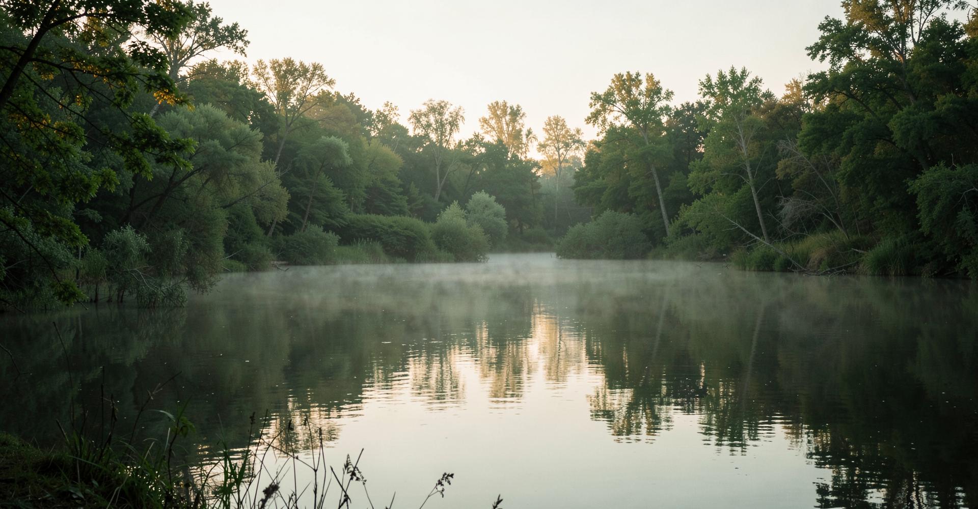 Lago tranquilo ao amanhecer, cercado por árvores verdes e uma neblina suave sobre a água