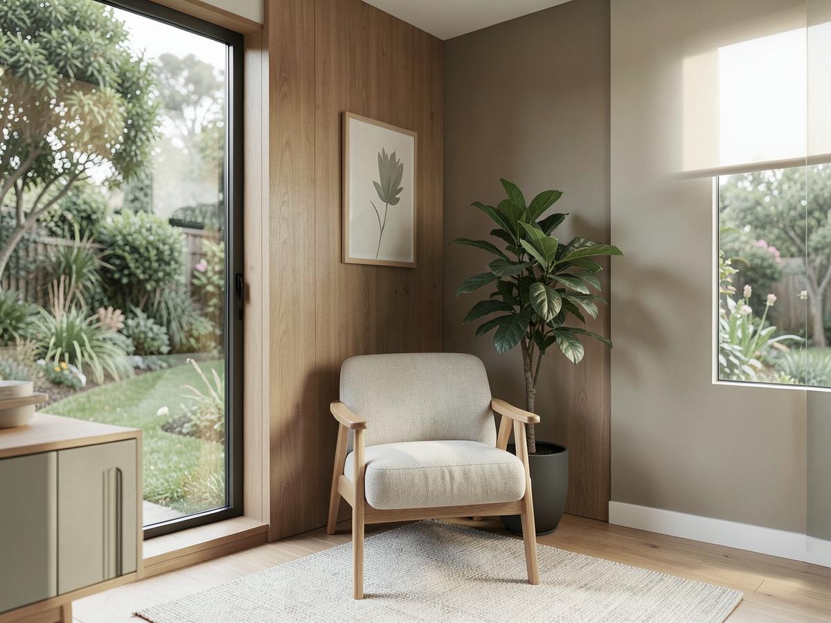Sala de atendimento com poltrona, plantas e janela para o jardim